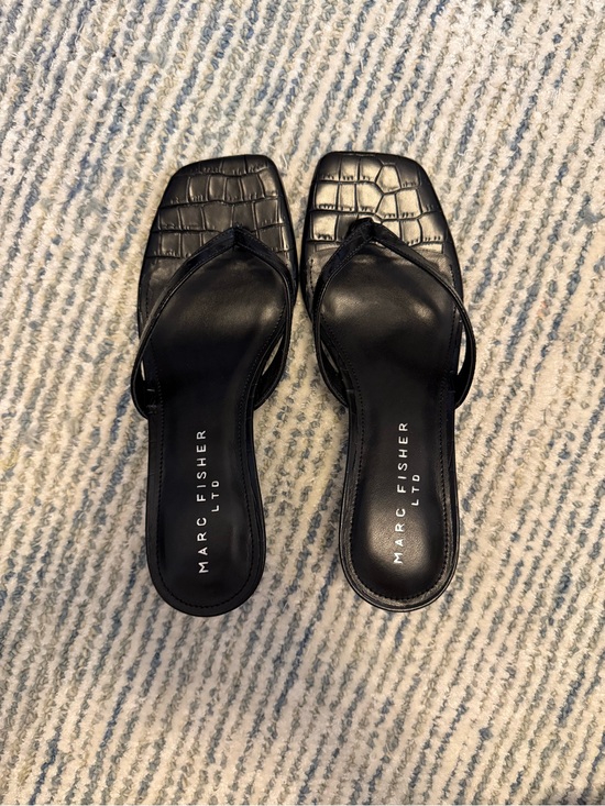 Marc Fisher Shoes - Marc Fisher Black Croc-Texture Square-Toe Thong Mules